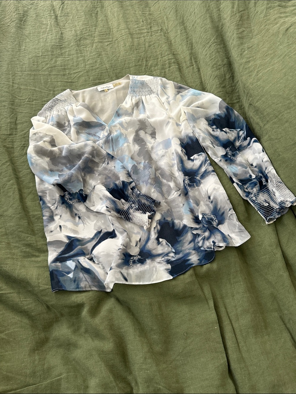 Calvin Klein White and Navy Blue Floral Print Blouse